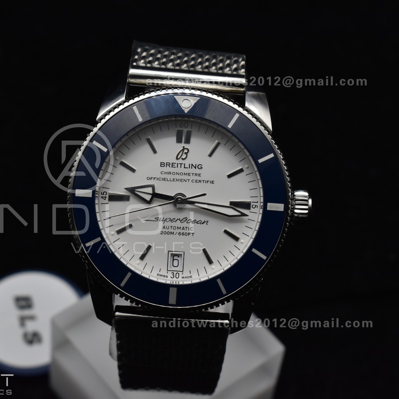 SuperOcean Heritage II BLSF 42mm SS White Dial Blue Ceramic Bezel on SS Mesh Bracelet A2824